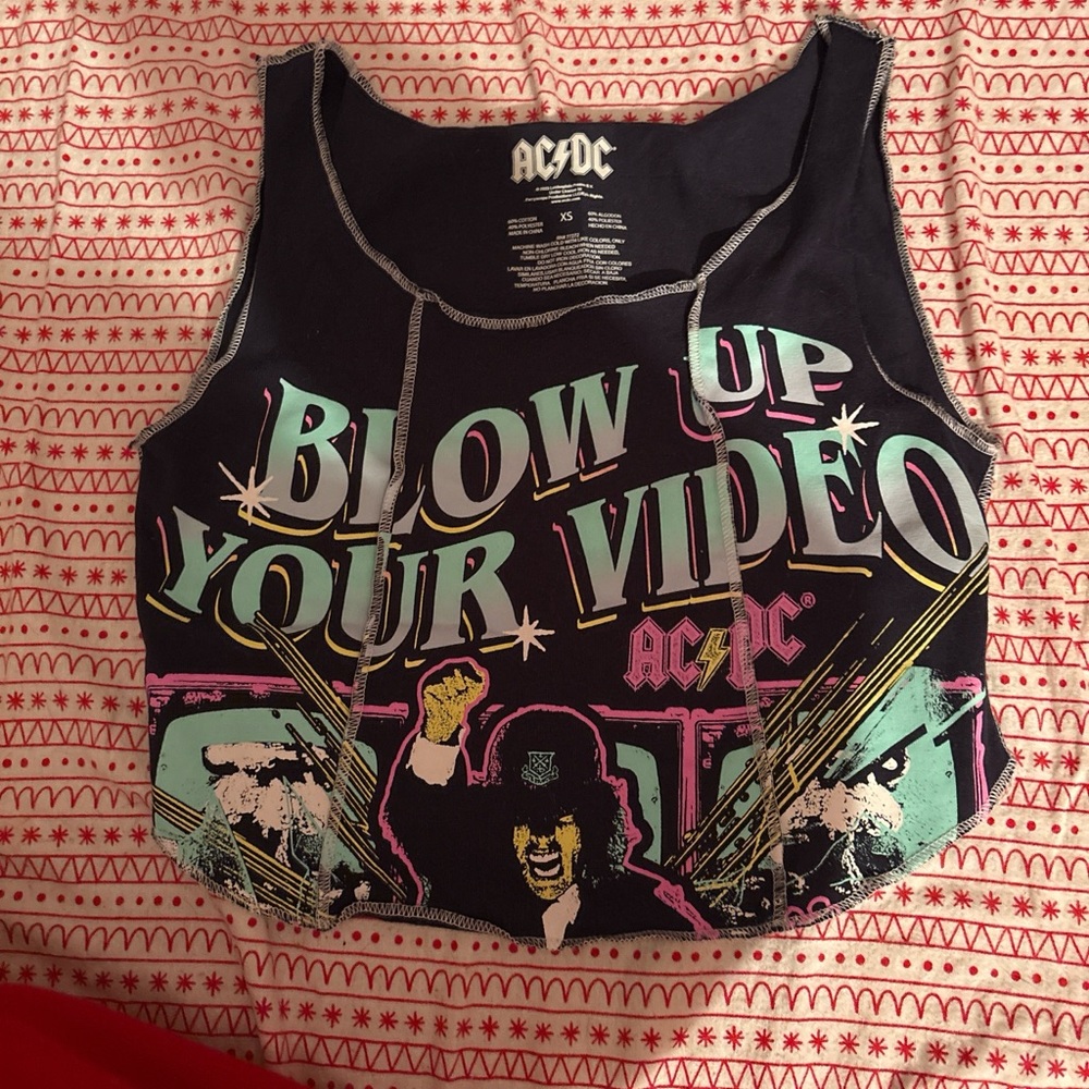 AC/DC Black Crop Tank with Pastel Turquoise, Pink and Yellow Graphic